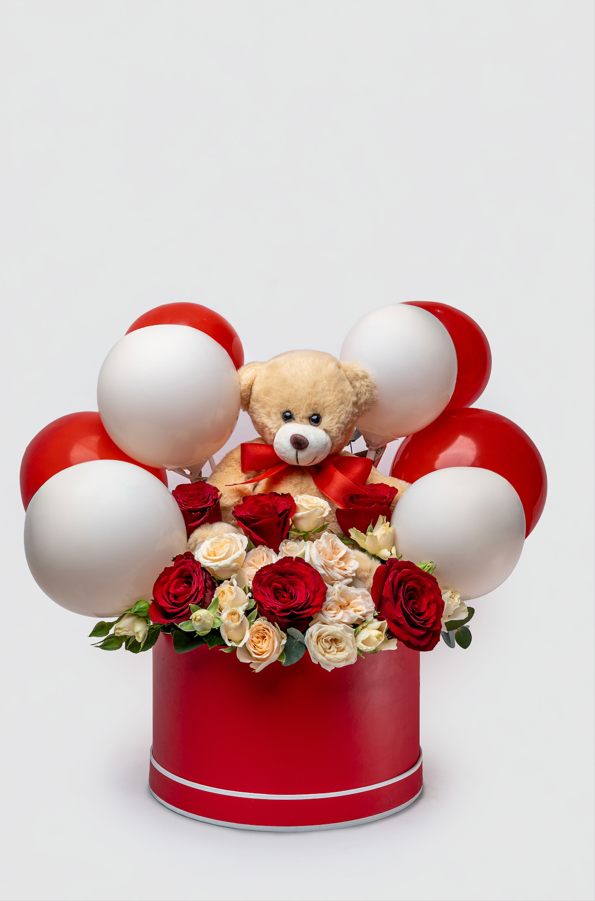 Blooms and Bear Hugs - Roses , Teddy bear and balloon gift box
